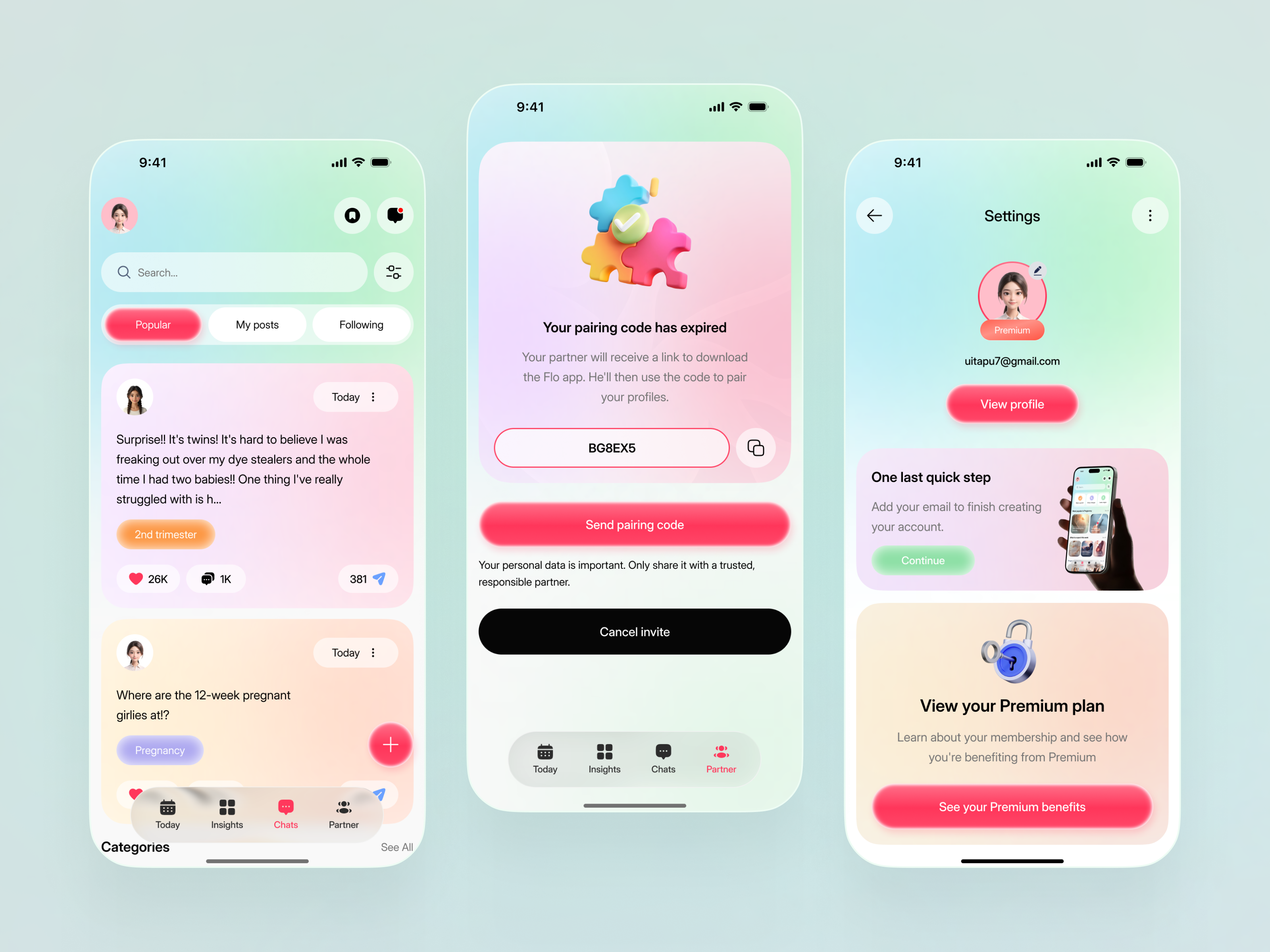 Pregnancy Community & Partner Sync Mobile App UI
