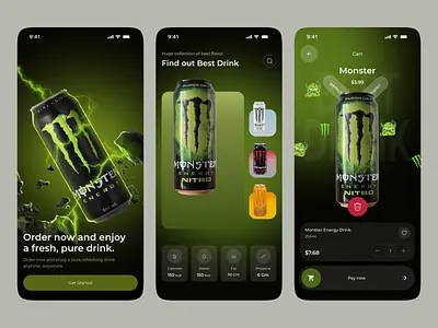 Monster Energy – App Concept UI app app design beverage app colorful drink app drinks ecommerce energy drink festival food app food delivery app food drink market place mobile mobile app mobile app design product design soft drink app uiux web design