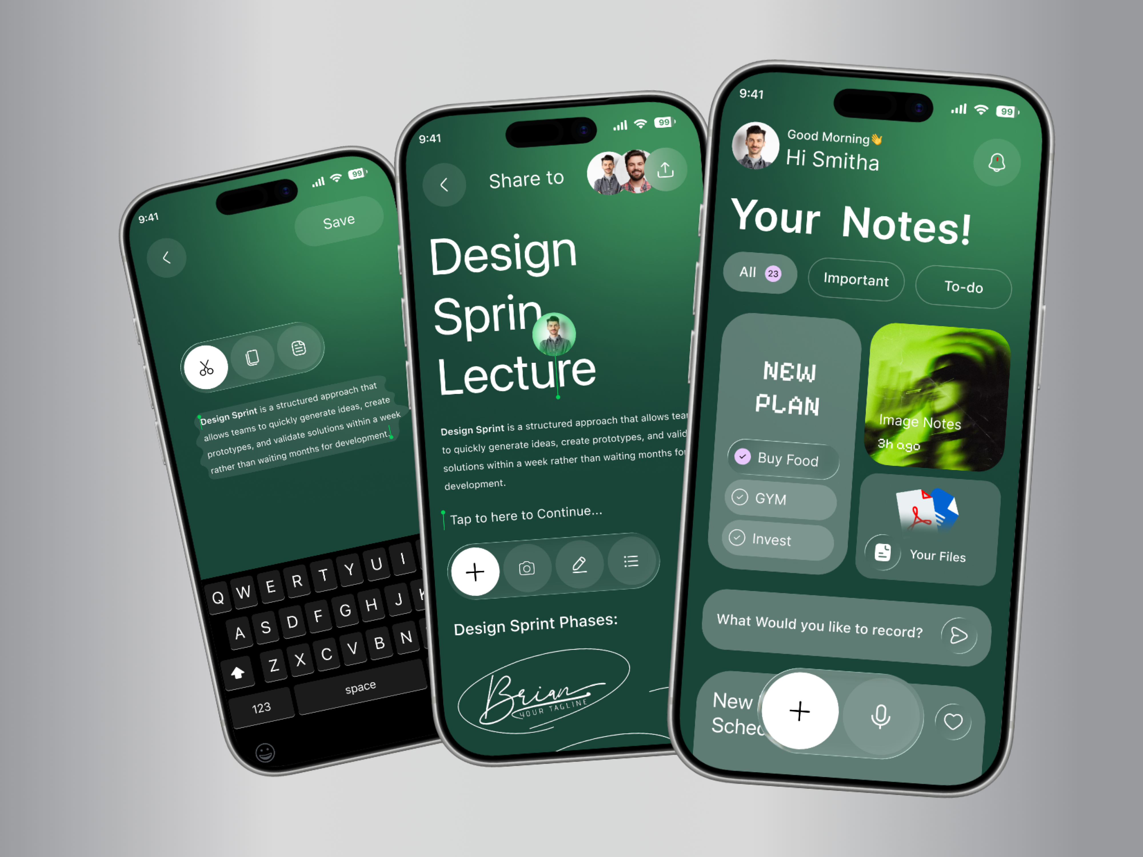 Notes & Productivity Mobile App UI | Clean Green Dashboard