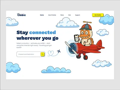 Travel eSIM Landing Page Concept with Custom Mascot ✈️📱 branding conversiondesign customillustration digitalproduct herosection illustration interface landingpage mascot mascotdesign mobiledesign productdesign saas startup travelapp uidesign uiux uxdesign webdesign websitedesign