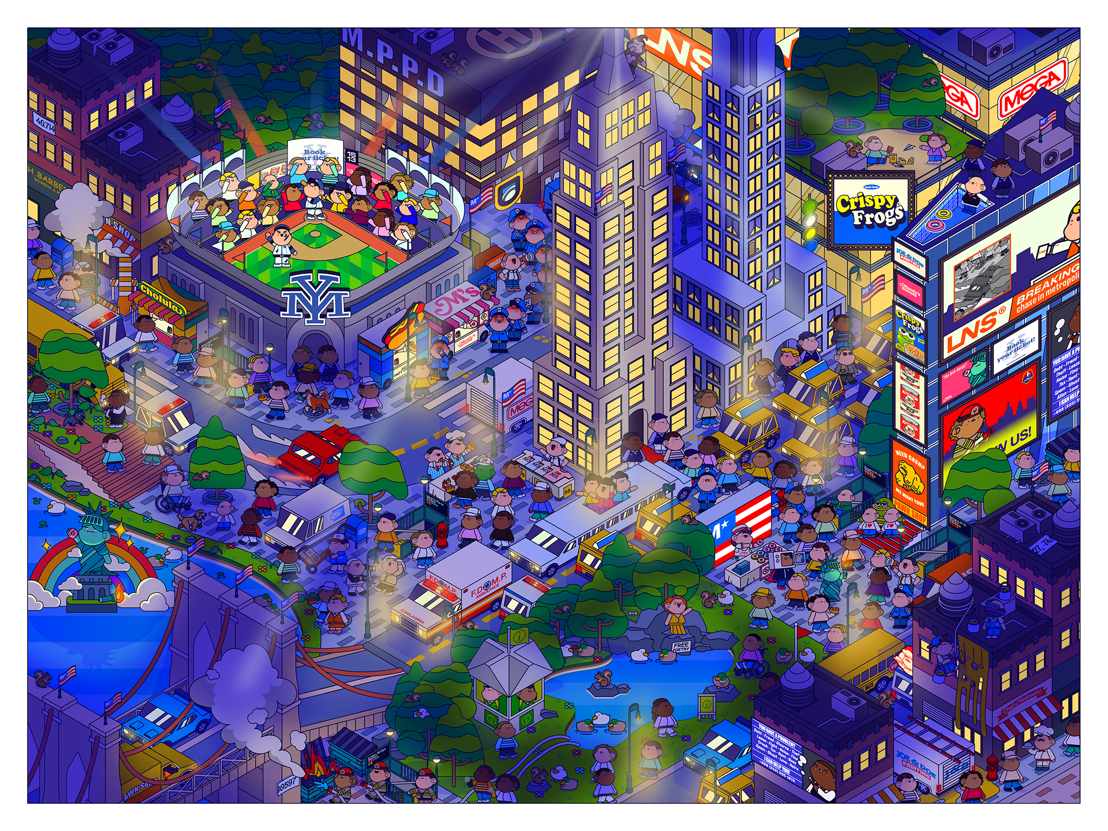 Metropolis ❘ Times Square buildings -Isometric Illustration cartoon character design cherche et trouve city crowd fresque illustrateur illustration illustrator isometric map mural newyork ou est charlie poster posterdesign seek and find usa vectorart wheres waldo