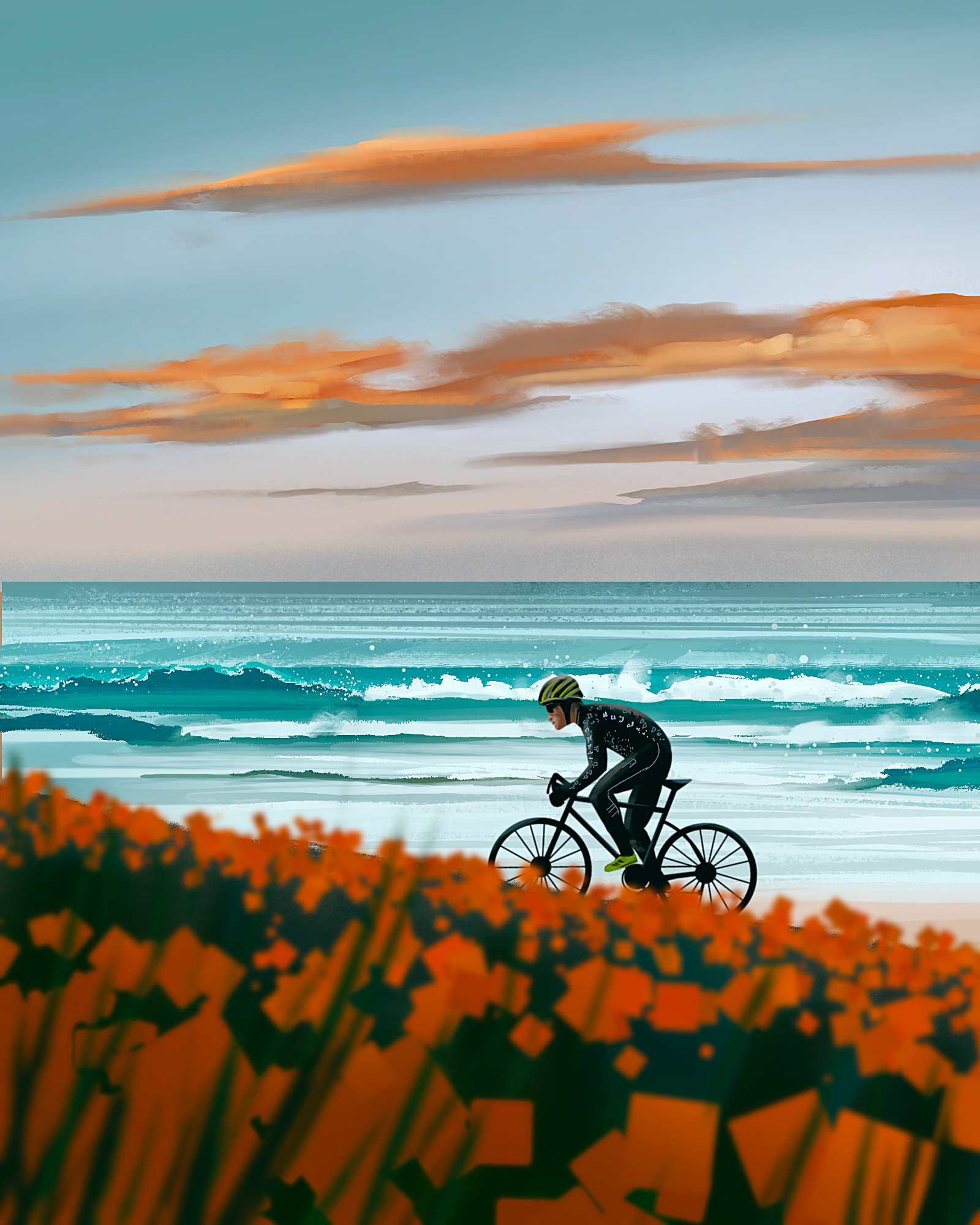 Cycling Along the Coastline Garden – Illustration beach coastal cycling digital illustration flowers hotel illustration landscape illustration nature spring travel illustration