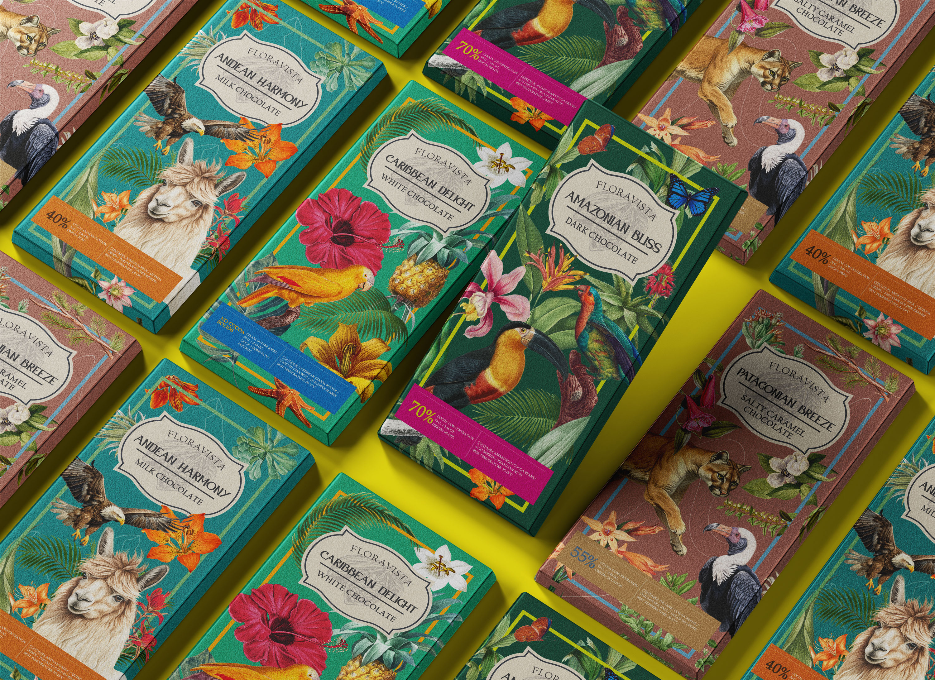 FloraVista - Chocolate Packaging Design adobe illustrator adobe photoshop brand identity chocolate design chocolate packaging collage concept art digital collage floral design food packaging graphic design illustration maximalist design packaging design visual design visual identity