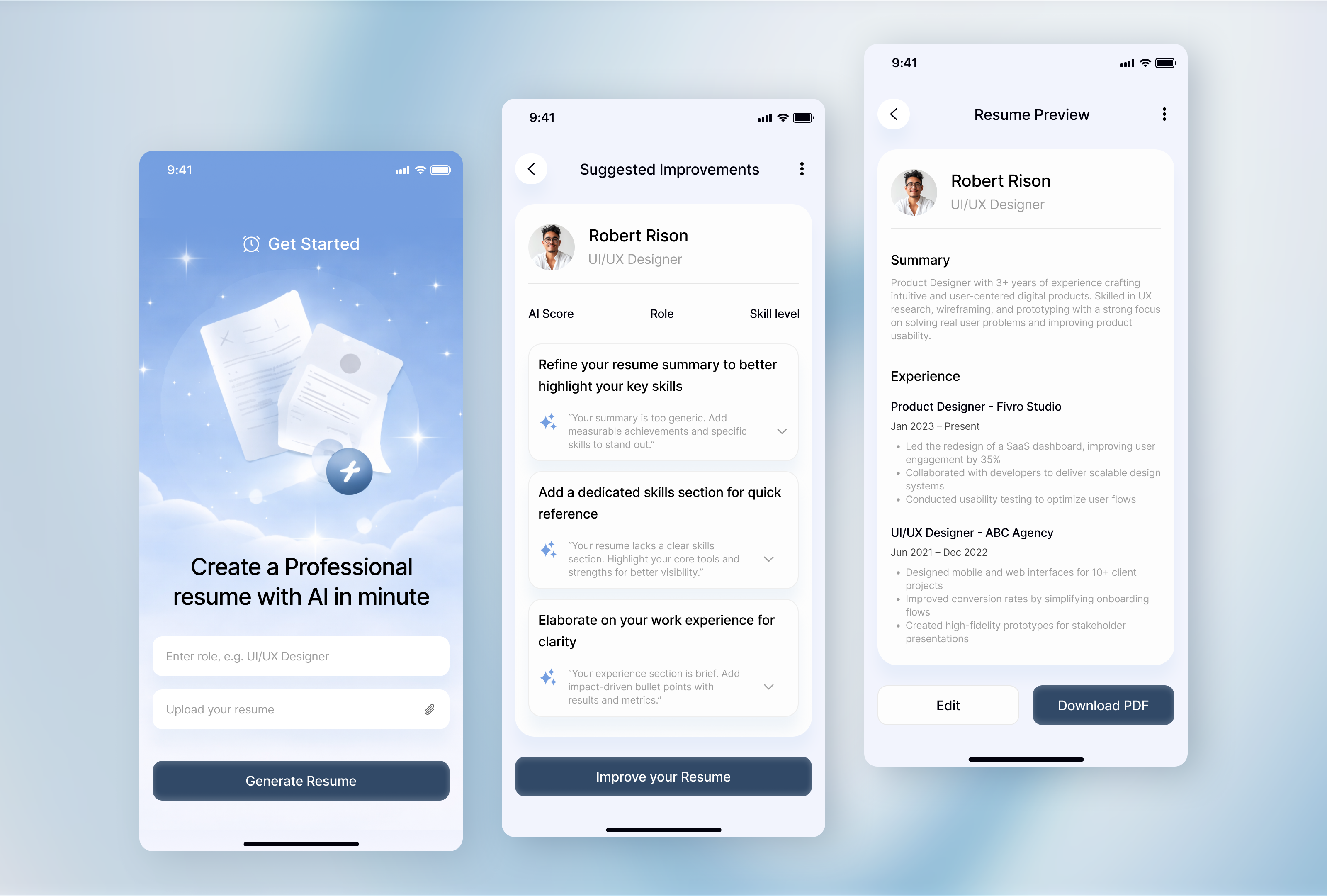 AI Resume Builder Mobile UI/UX Design ai app app design career app clean ui cv design design figma design job app minimal resume builder ui ux design