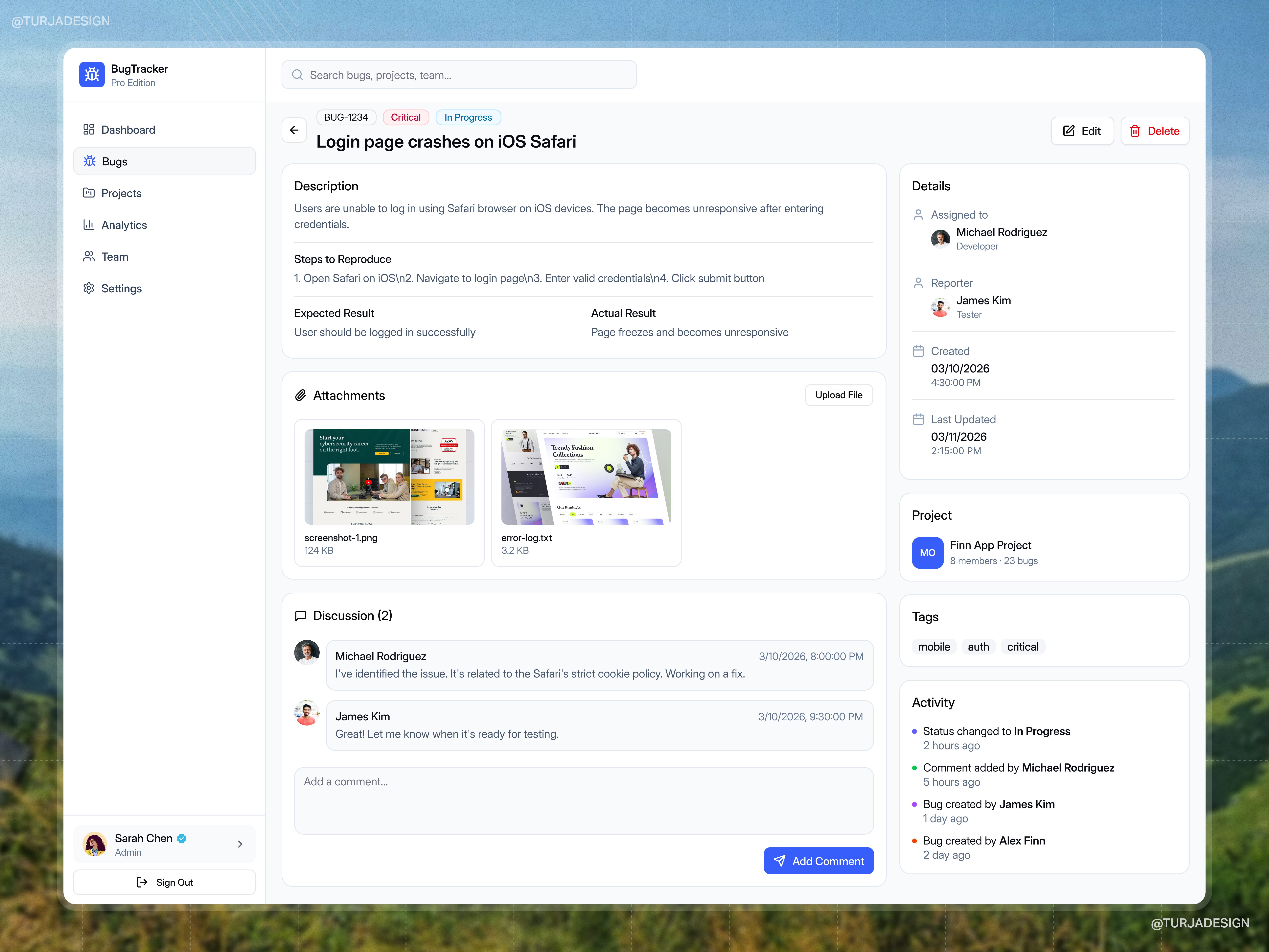 Bug Tracker Webapp 2026 activityfeed bugdetail bugtracker designinspiration detailpage devtools discussionui formui responsiveui saasdesign sidebardesign softwaredesign