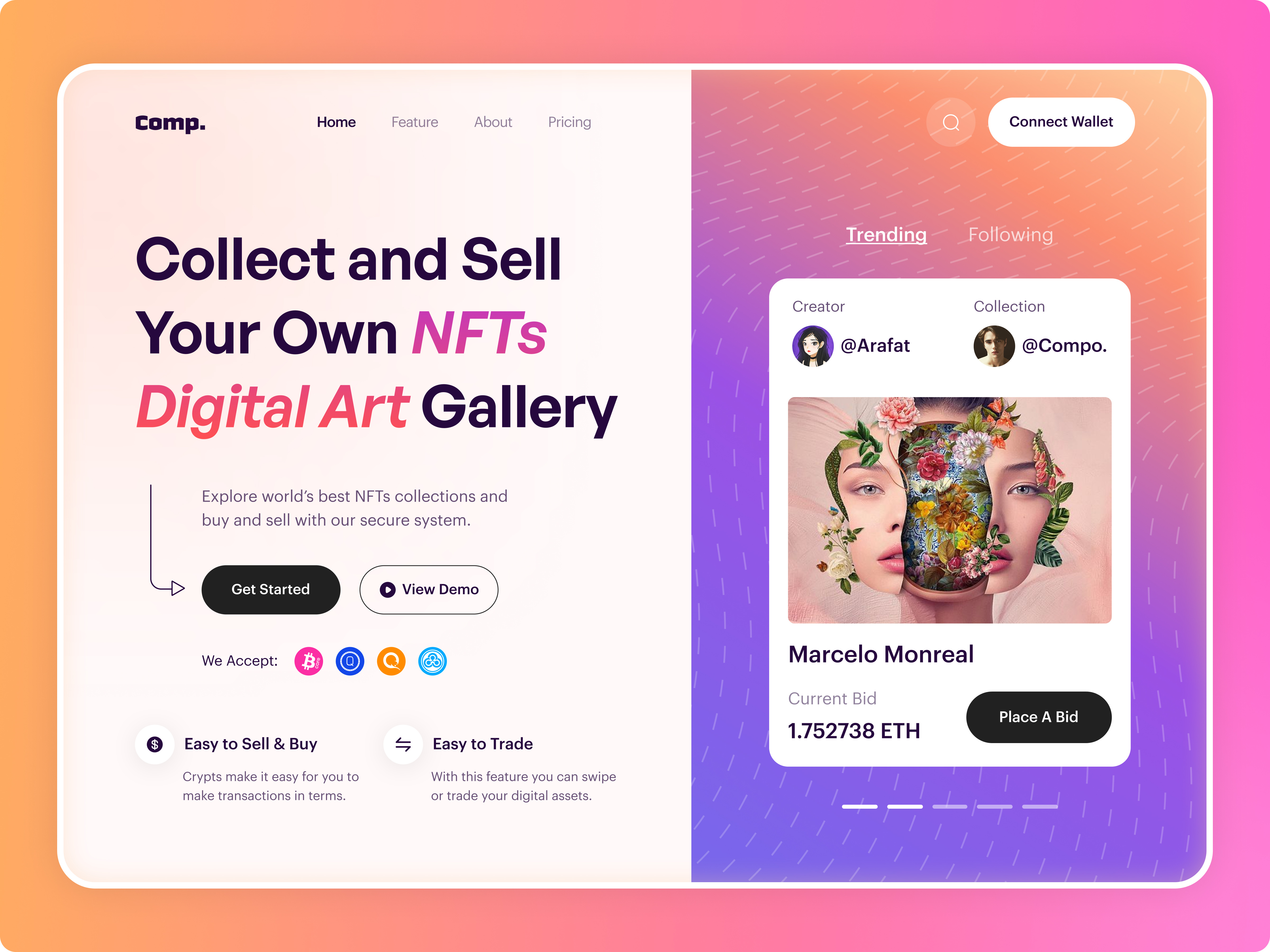 NFT Marketplace Landing Page blockchain crypto crypto wallet digital art e commerce finance fintech gradient ui hero section landing page marketplace modern ui nft nft marketplace online shop online store ui design ux design web3 website design