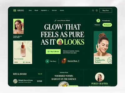 Aurave – Luxury Skincare & Wellness E-commerce UI animation beauty ecommerce website design cosmetics landing page creative web layout green aesthetic website hero section design luxury skincare brand website luxury skincare ui modern web design product design skincare landing page design skincare product page design skincare website design ui ux web design web ui inspiration website design wellness website design