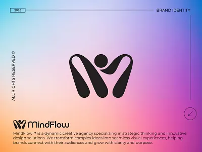 MindFlow – Abstract M Logo & Brand Identity for Creative Agency 3d logo abstract logo agency logo brand identity branding corporate identity creative agency creative logo custom logo gradient logo human figure letter m logo design logo for sale logomark minimalist logo modern logo tech logo tech startup visual identity
