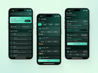 eSIM Mobile App dark ui esim interface mobille app modern ui telecom app ui ux