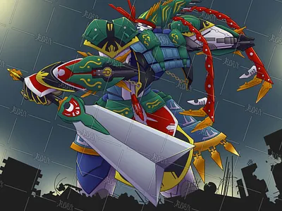 The Armored Dambuhala adobe photoshop apocalyptic art asian battle character design city cybernetic design digital art drawing filipino illustration mech mecha night robot ruins war warrior
