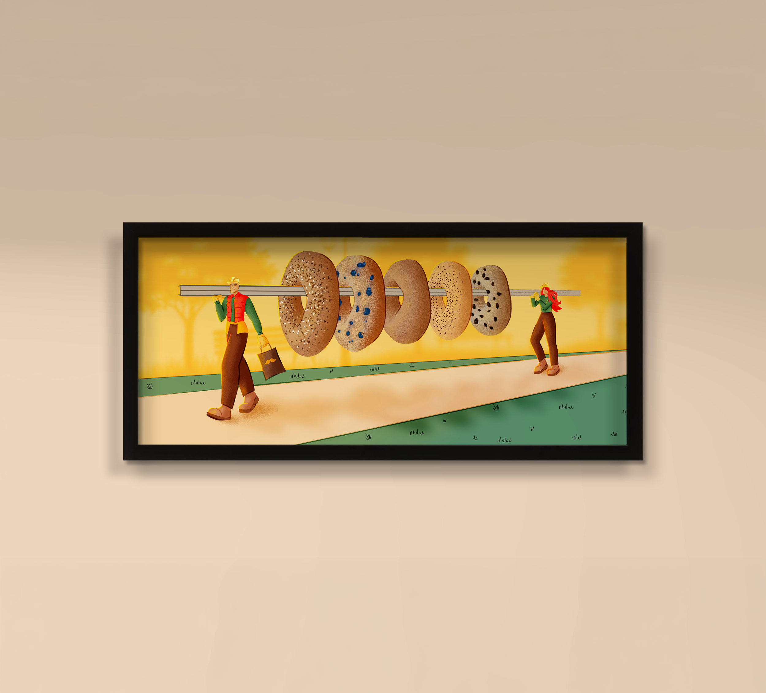 Einstein Bros Bagels Illustration | Bagel Beam Construction Work bagel bagels boots breakfast commute construction construction workers einstein bros bagels einsteins grass i beam ibeam illustration illustrator morning commute outside park path red head walking