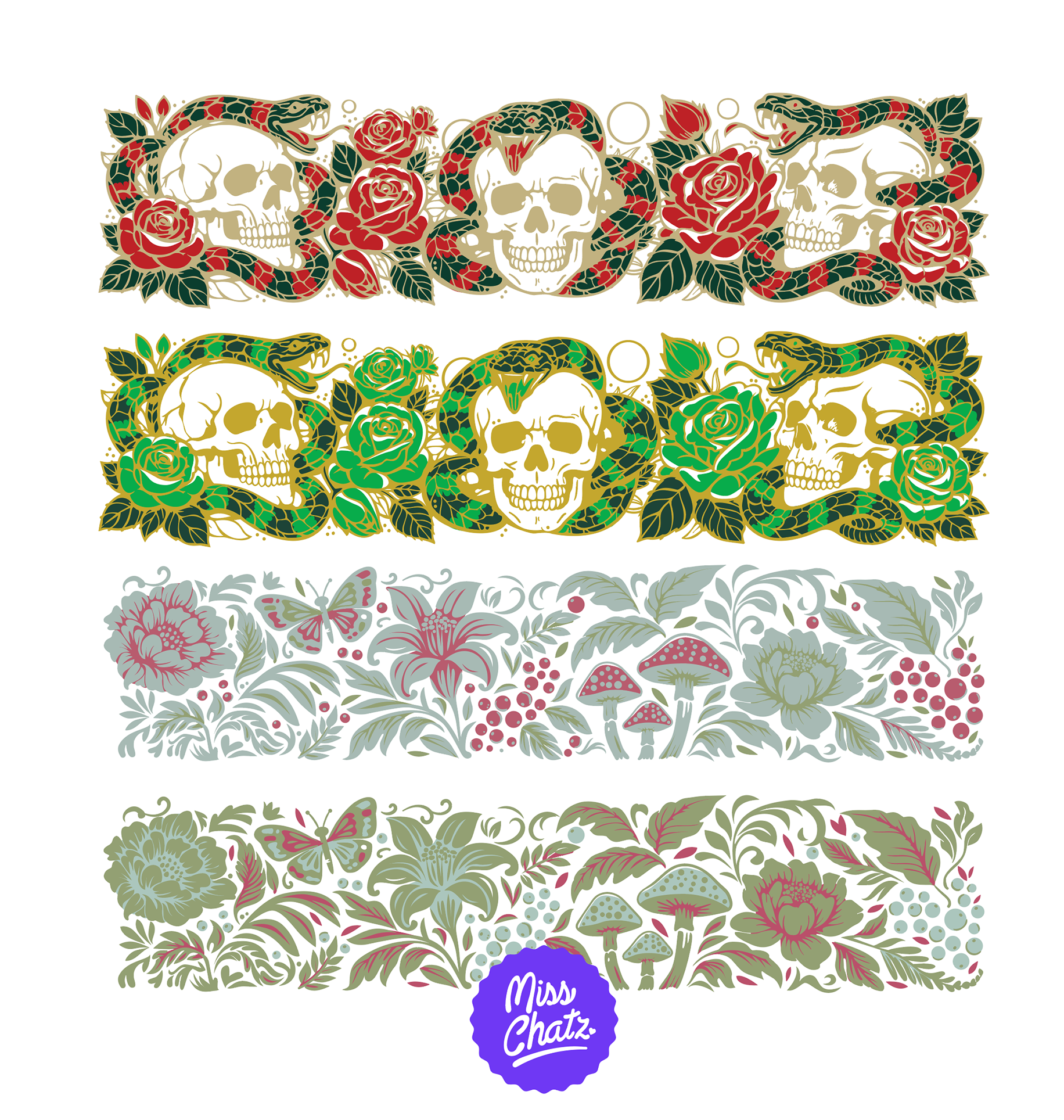 Bloom and Bite Ceramic Designs botanical ceramic death floral mushroom serpentt skull snake strip vector wrap