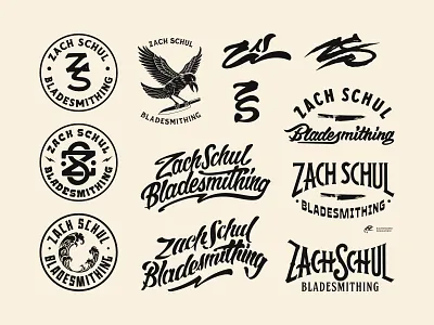 Bundle designs for Zachschul Bladesmithing by RYS badge badge design bundle design customlettering handdrawn handlettering lettering logotype monograms typography vintagedesign