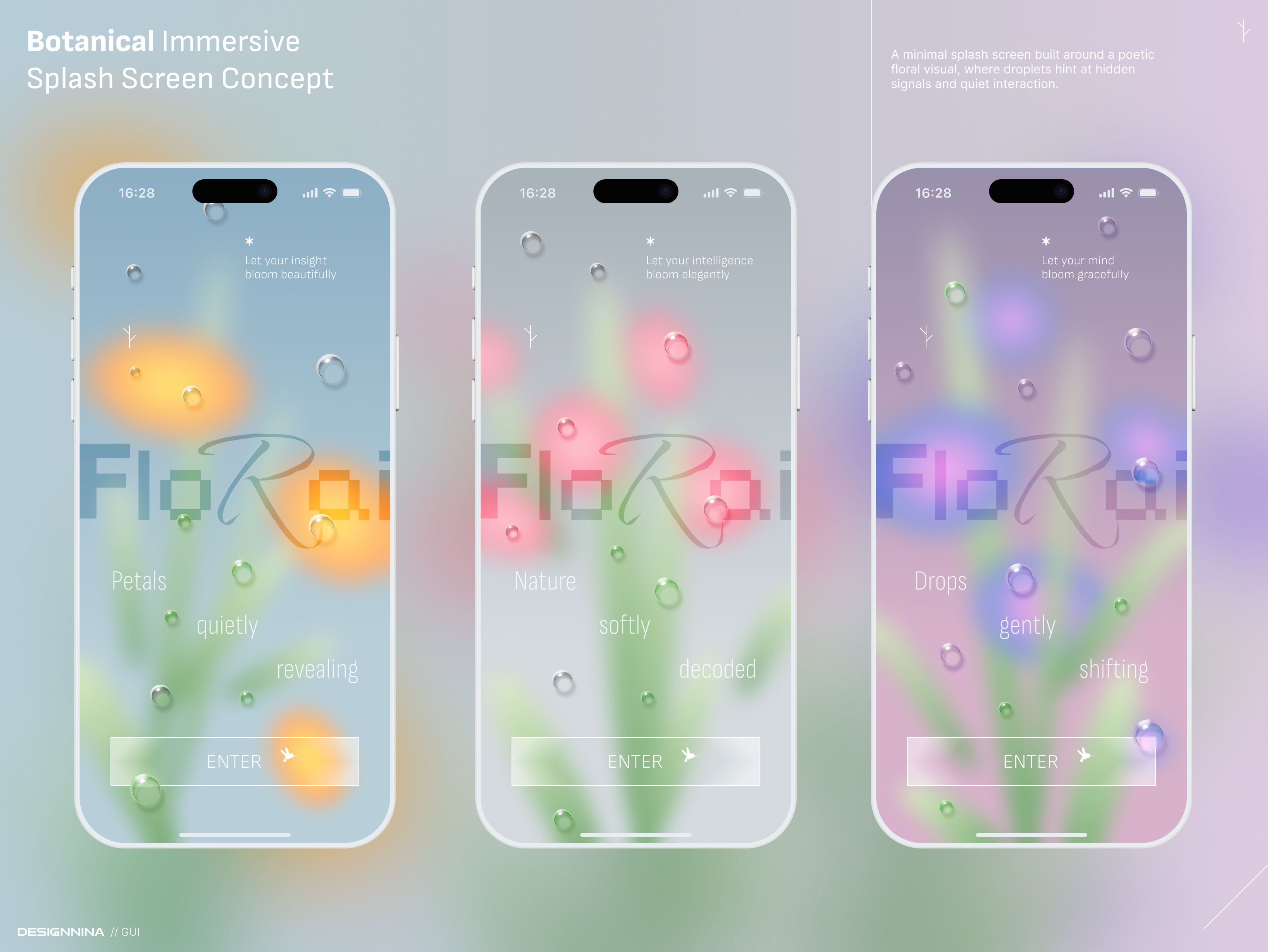 Splash Screen Concept abstract ui aesthetic app design botanical clean design droplets elegant floral glass effect gradient liquid ui luxury ui minimal ui mobile ui nature onboarding splash screen startup screen ui concept ui design