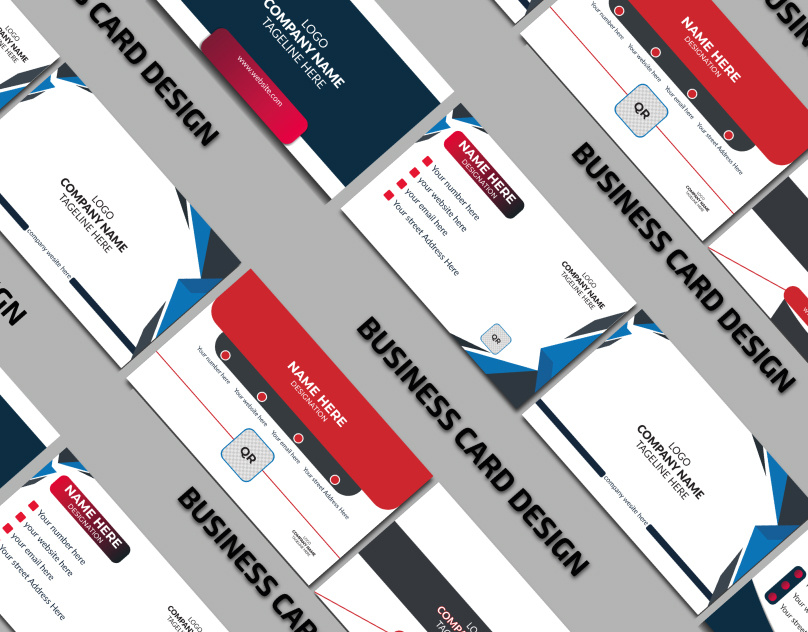 Business card design blue accents branding business card card design clean company corporate graphic design gray gray background information layout navy blue networking professional qr code red and black template white background