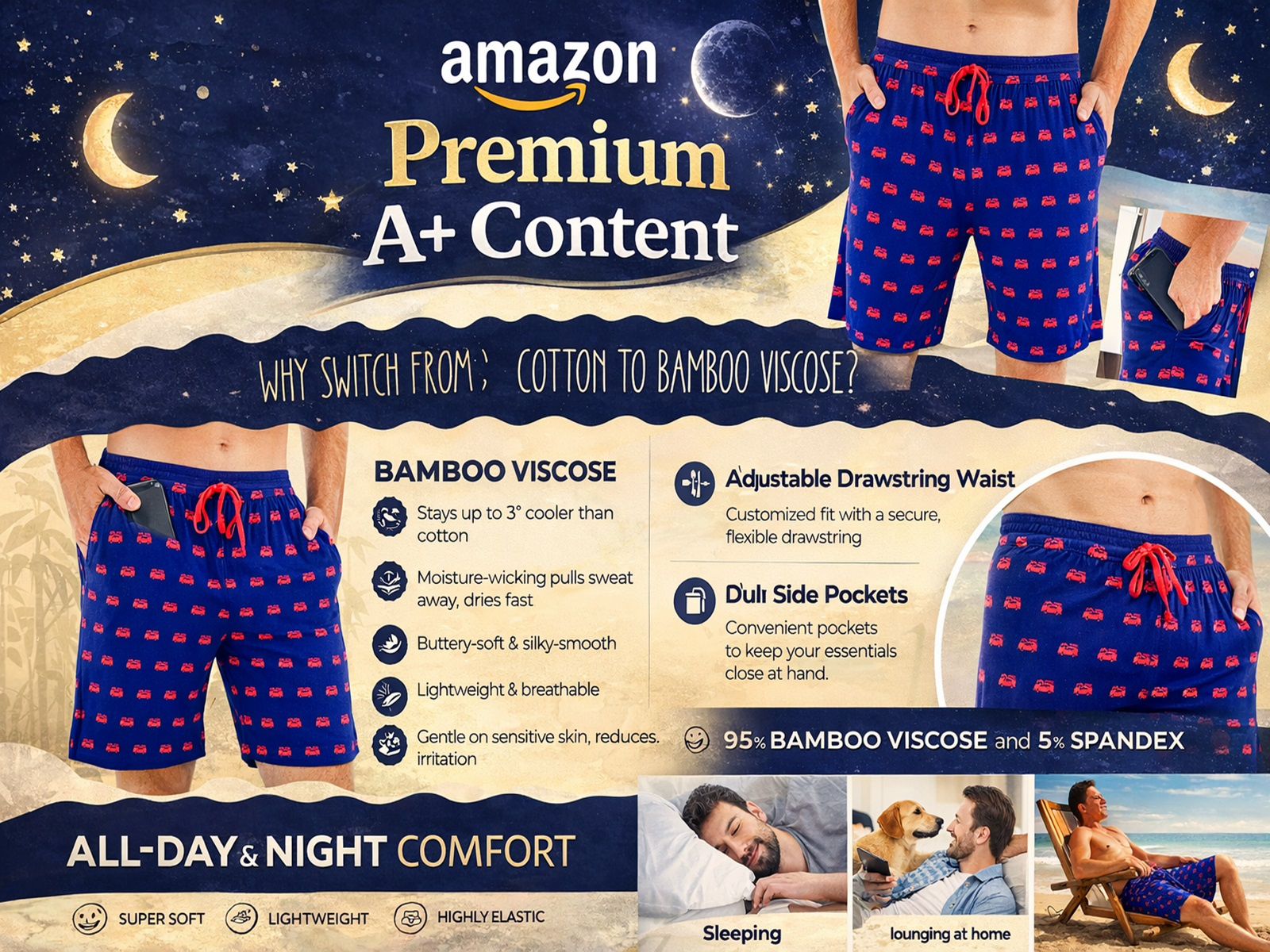 Amazon Premium A+ Content: Men's Sleep Shorts amazon amazon a content amazon product branding graphic design