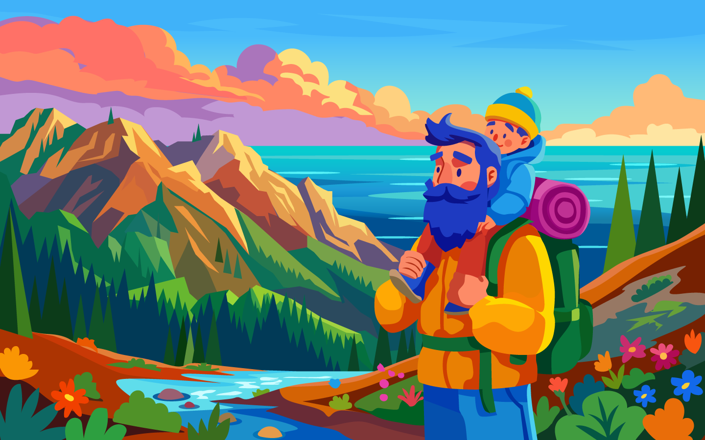 Hiking with Dad art child couple exploration fall family graphic design guide hiking illustration jungle kurzgesagt mountain outdoor parent parent hood parenting son trail