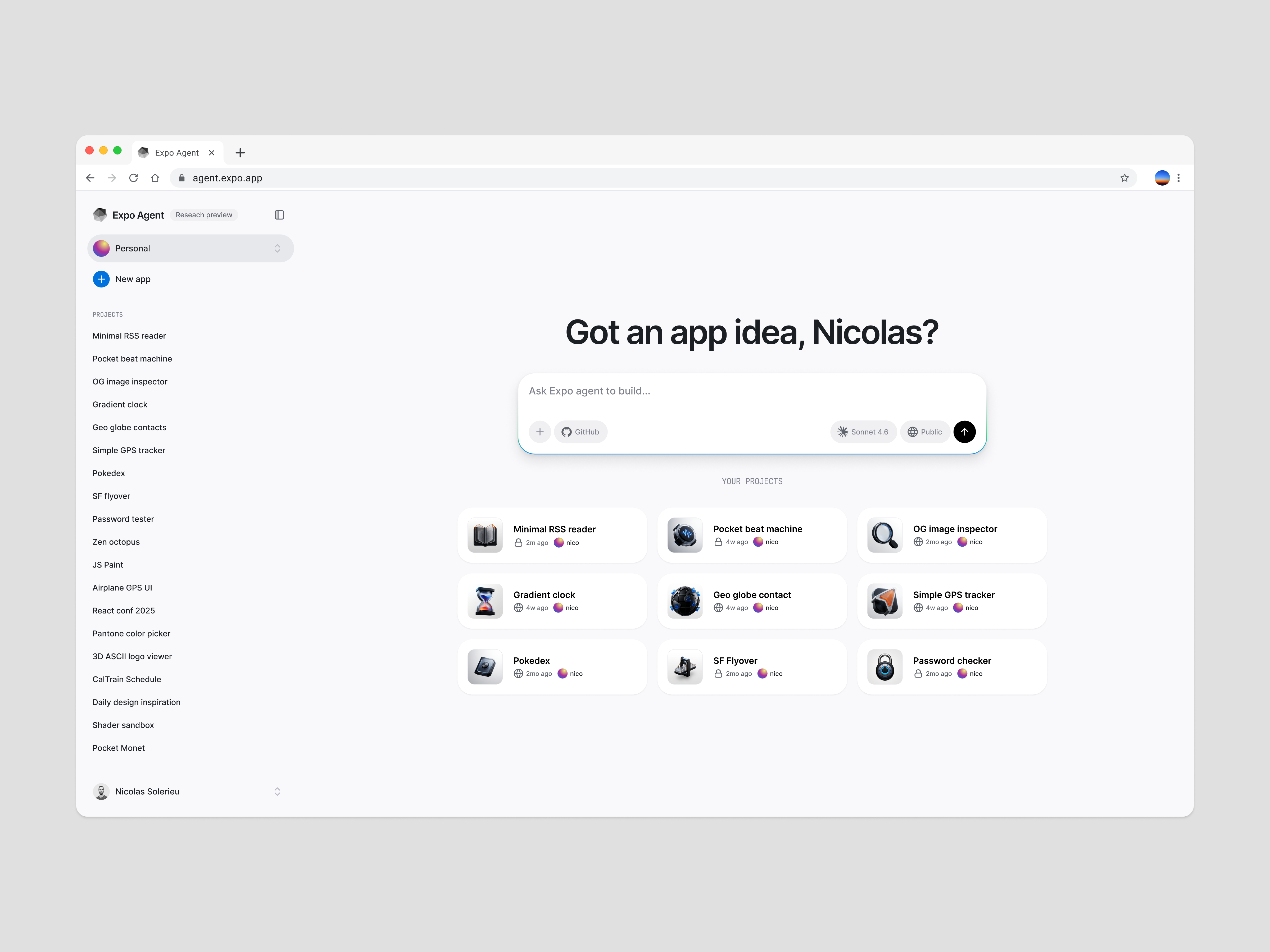 Expo agent home screen agent ai brand product projects prompt sidebar ui workspace