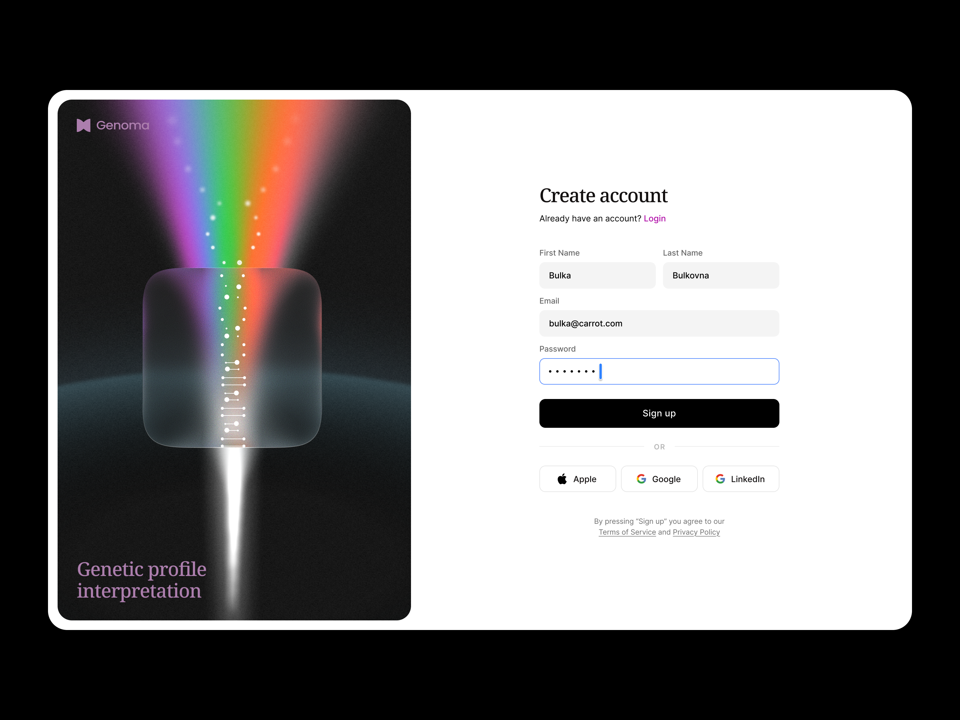 Genoma – Sign up / New account page app auth biotech branding create account design system dna form identity login product registration sign in sign up ui ux