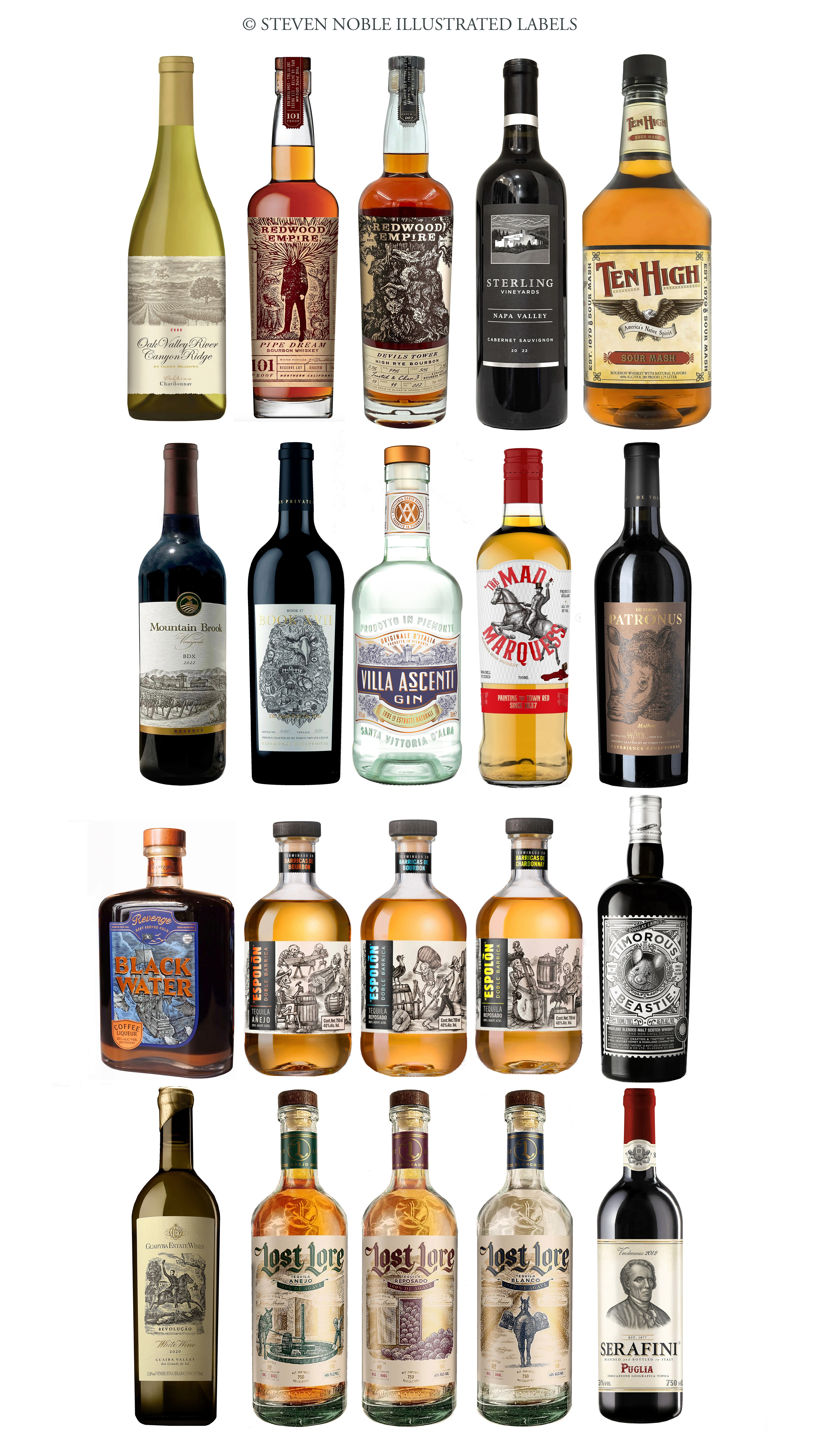 The Steven Noble Illustrated Bottle Label Collection artwork bottles branding design engraving etching illustration label art line art packaging scratchboard steven noble woodcut