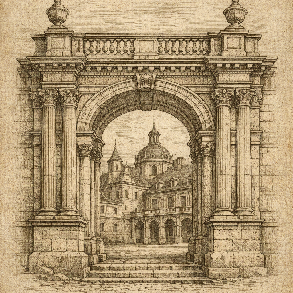 Vintage Architectural Arch Illustration arch illustration architecture illustration classical architecture detailed illustration engraving style european architecture fine line illustration graphic design heritage design historical design line art old style drawing perspective drawing sketch art texture art vintage design