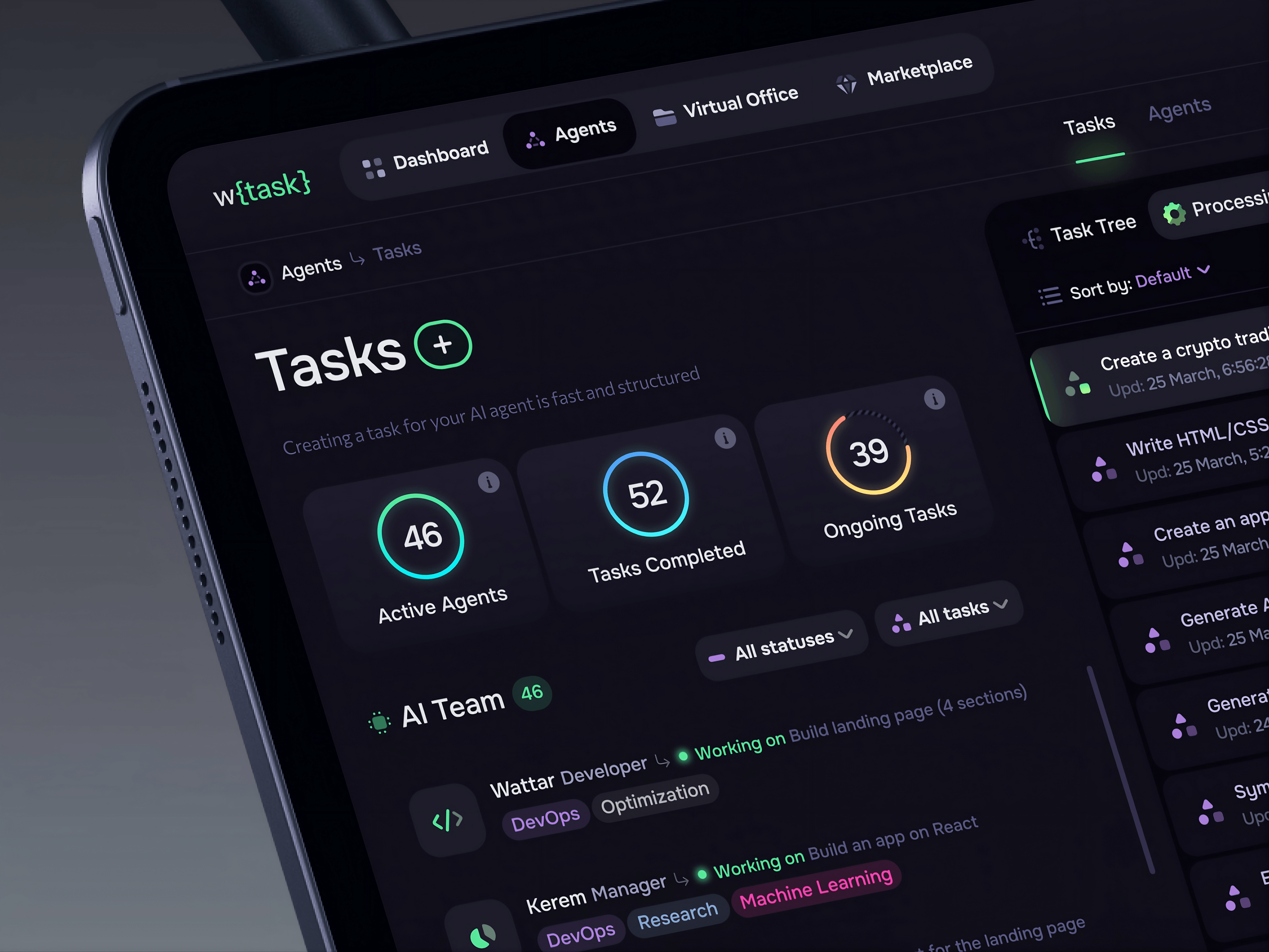 WhatTask: AI Agents Tasks Screen Management Platform ai agents ai app design ai dashboard ai data ai fintech ai platform ai product ai startup artificial intelligence automation crypto app dashboard ui design graphic design product design saas website technology token web app web3 design