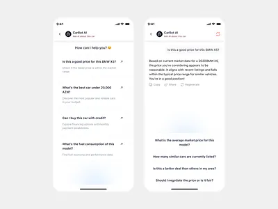 Car Marketplace Mobile App UI Design – AI Chatbot Screen 3d ai chatbot ui animation app app design branding car marketplace car marketplace app ui chat mobile ui chatbot app ui design graphic design illustration ios ios app ui marketplace app minimal mobile app ui modern app ui ui