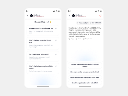 Car Marketplace Mobile App UI Design – AI Chatbot Screen