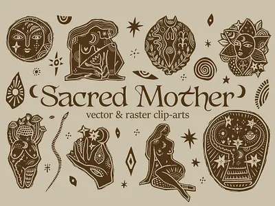 Sacred Mother Bundle boho boho aesthetic bundle clean lines design earthy tones fine line art illustration linocut style logo magic minimalist illustration modern folk monochrome art organic shapes vector vector graphics