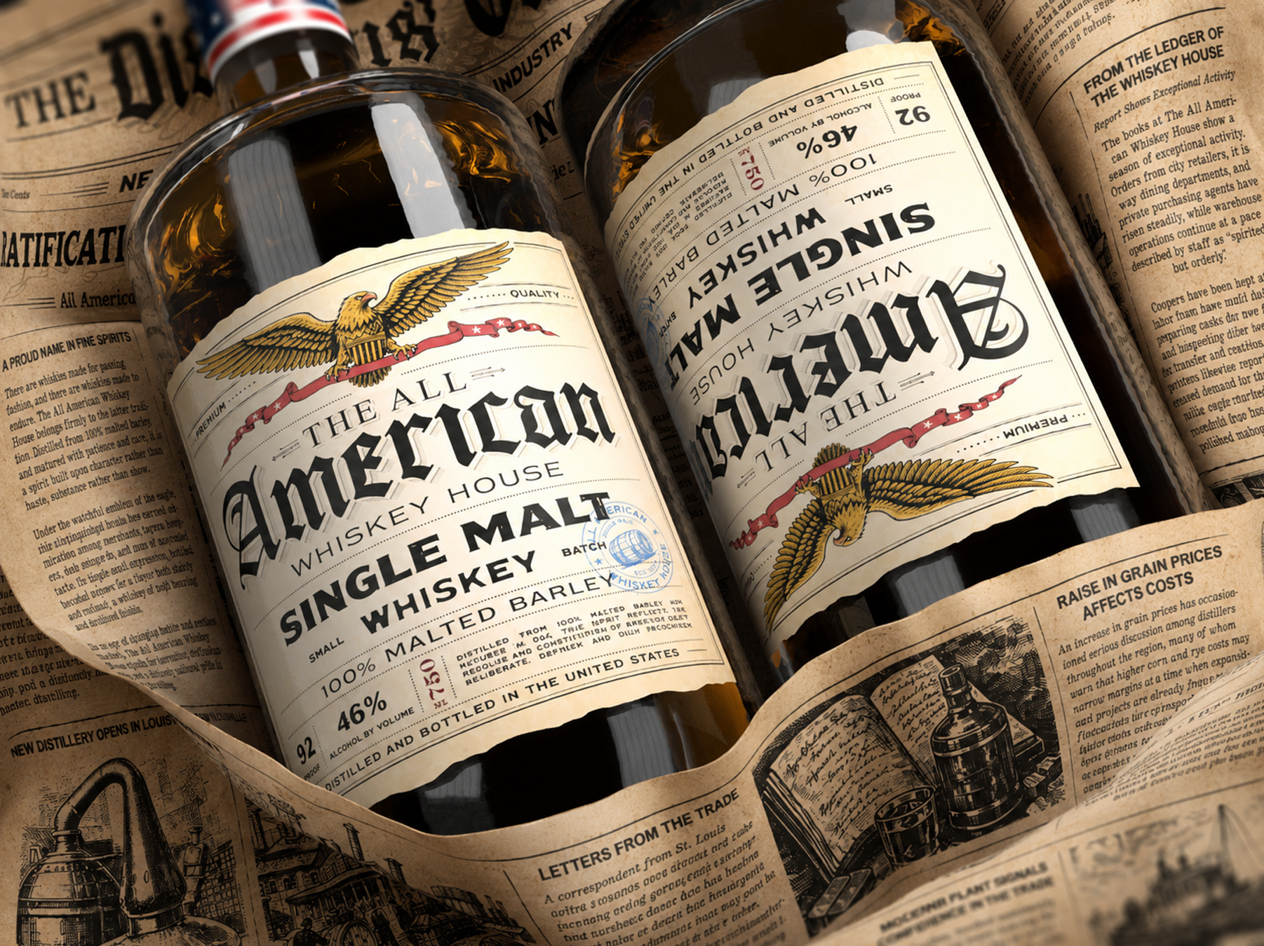 The All American Whiskey House bottle label bourbon branding distillery distillery label eagle embossed engraved gin graphic design illustration logo spirits vintage vintage label vodka whiskey whiskey design whiskey label