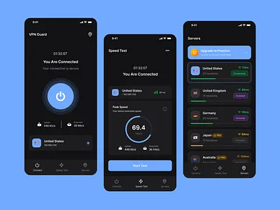 VPN Guard – Mobile App UI Design appdesign cybersecurity darkui dashboardui figma interfacedesign minimaldesign mobile app design mobileui productdesign ui uidesign ux uxdesign vpn