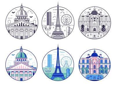 Paris Circle Icons eiffel tower france geometric icons illustration landmarks line art monuments paris parisian travel vector