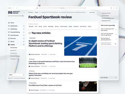 RG - Articles Page UI Design article betting clean design feed gambling guides information interface light publishing read research ground sports sportsbook ui web website