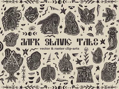 Dark Slavic Tale Bundle abstract blackwork vector boho bundle dark academia dark fairytale design folklore graphics horror illustration illustration linocut aesthetic logo macabre art magic modern modern heritage mystical creatures slavic folklore vector