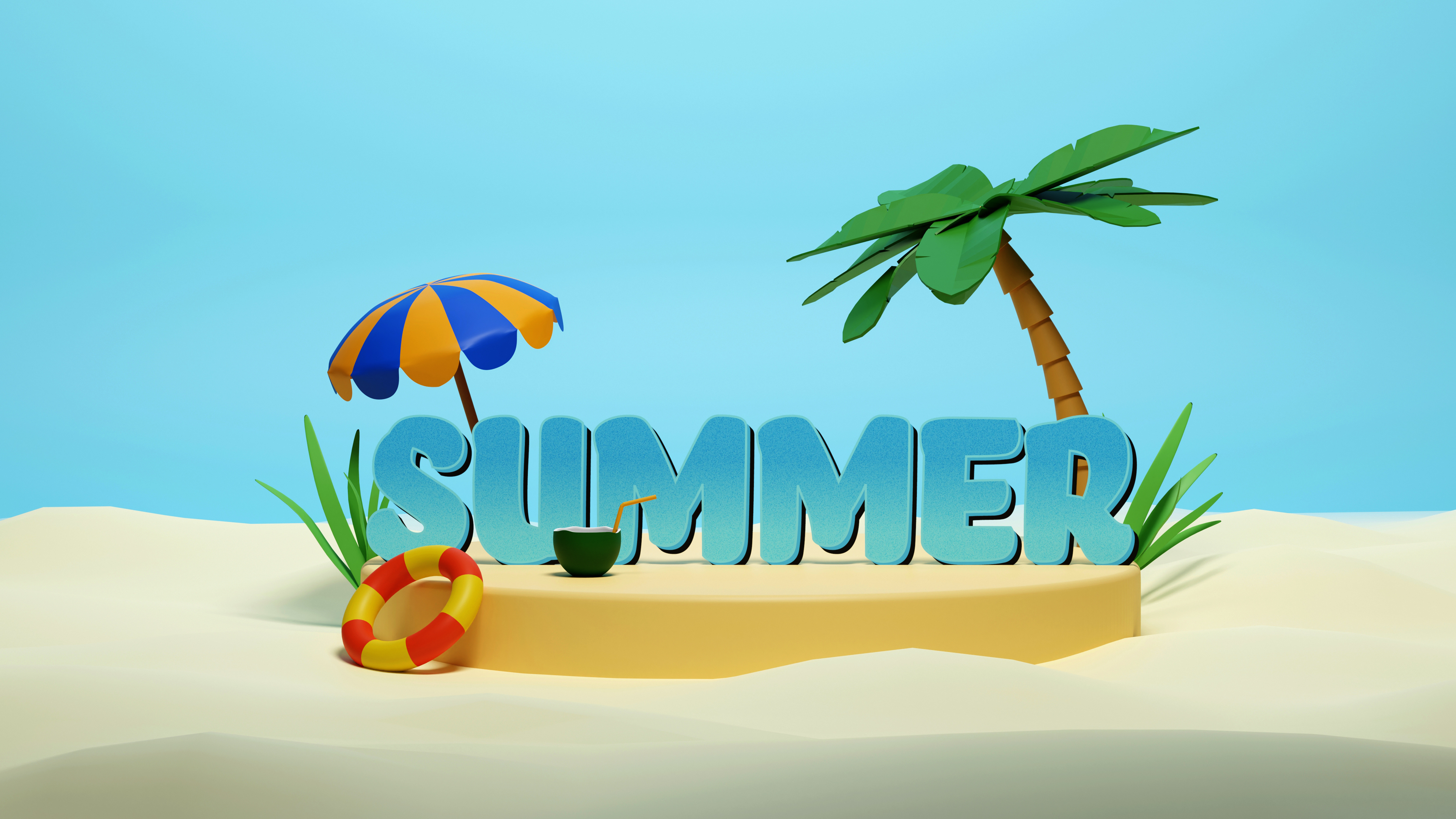 Hello Summer 3d render banner design beach beach chair element graphic design hello summer palm tree realistic summer summer celebration summer time summer vacation summer vibes swimming tropical