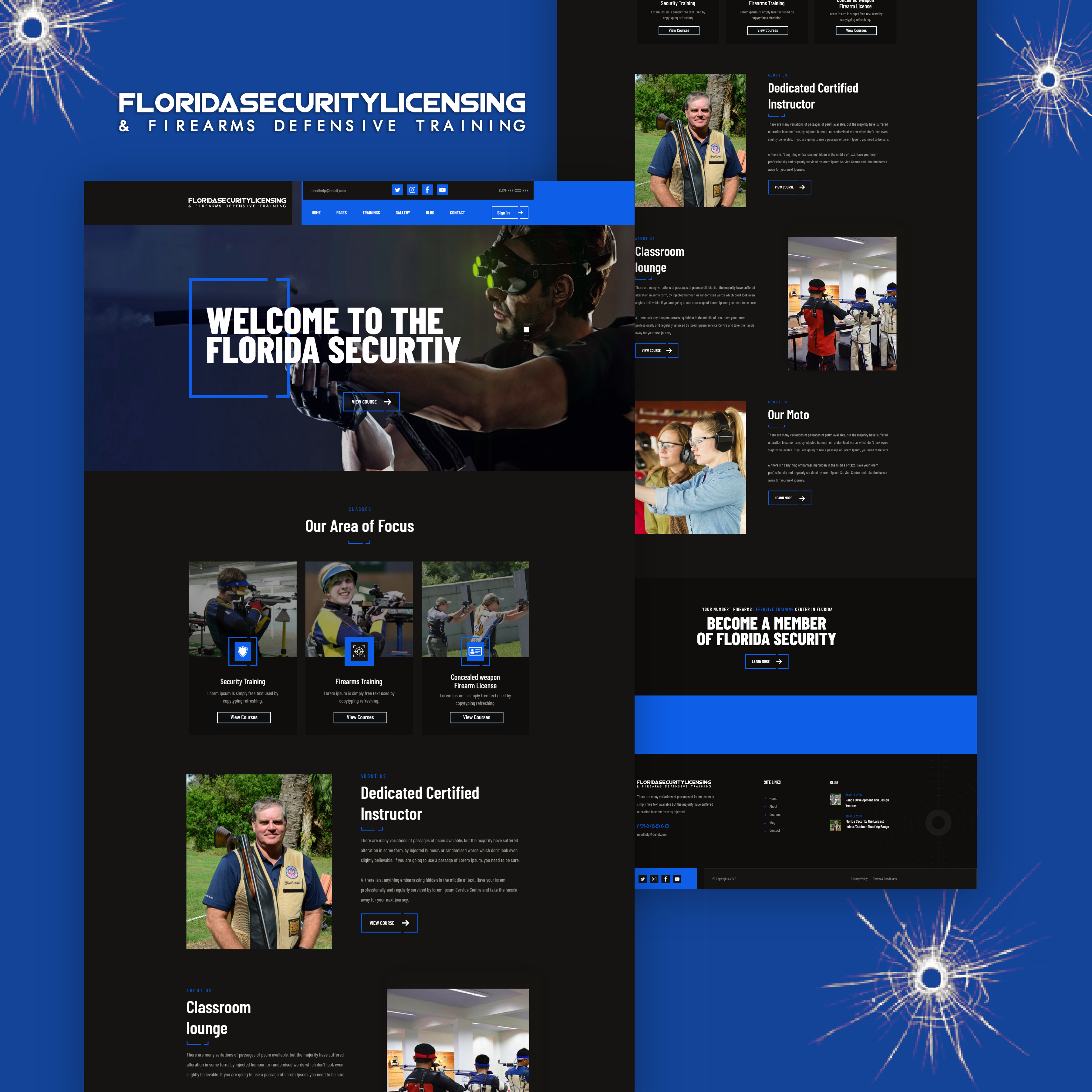 Security & Firearms Training Landing Page | Dark UI academy blue corporate dark mode dark ui defense figma firearms landing page military modern ui security shooting range training ui ui design user interface ux web design website design