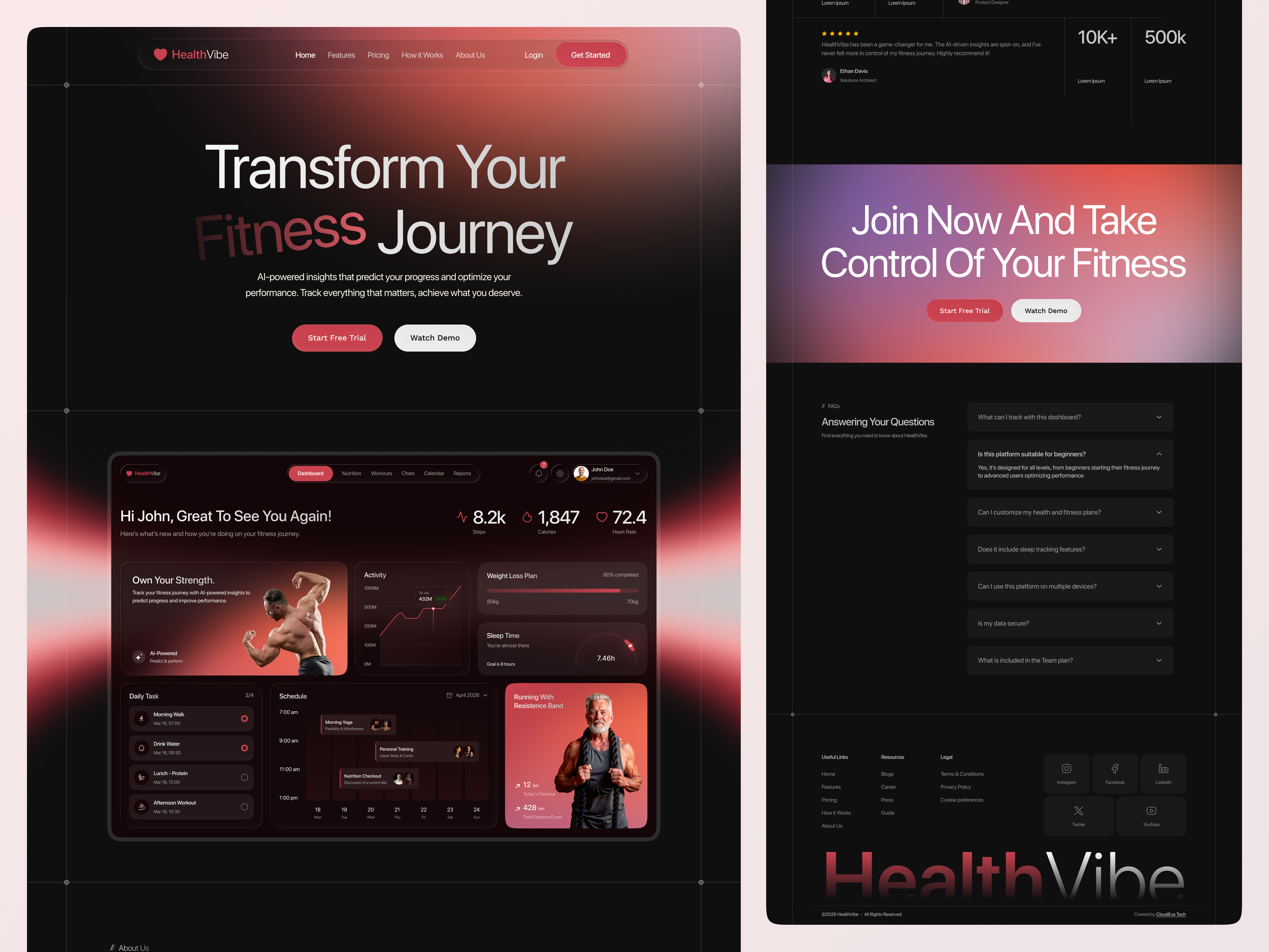 HealthVibe — Fitness SaaS Landing Page & Dashboard UI darkui dashboard fitness healthapp healthtech landingpage productdesign saas uiux webdesign