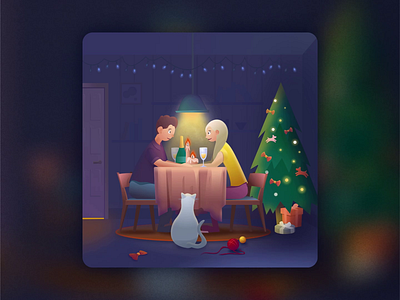 Romantic Christmas 3d animation candles cartoon cat champagne christmas christmas tree date evening holiday illustration interior living room lovers man new year night vector woman