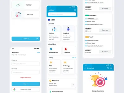 Medibee - eLearning Application for Medical Students blue flat medical minimal mobile subscription ux