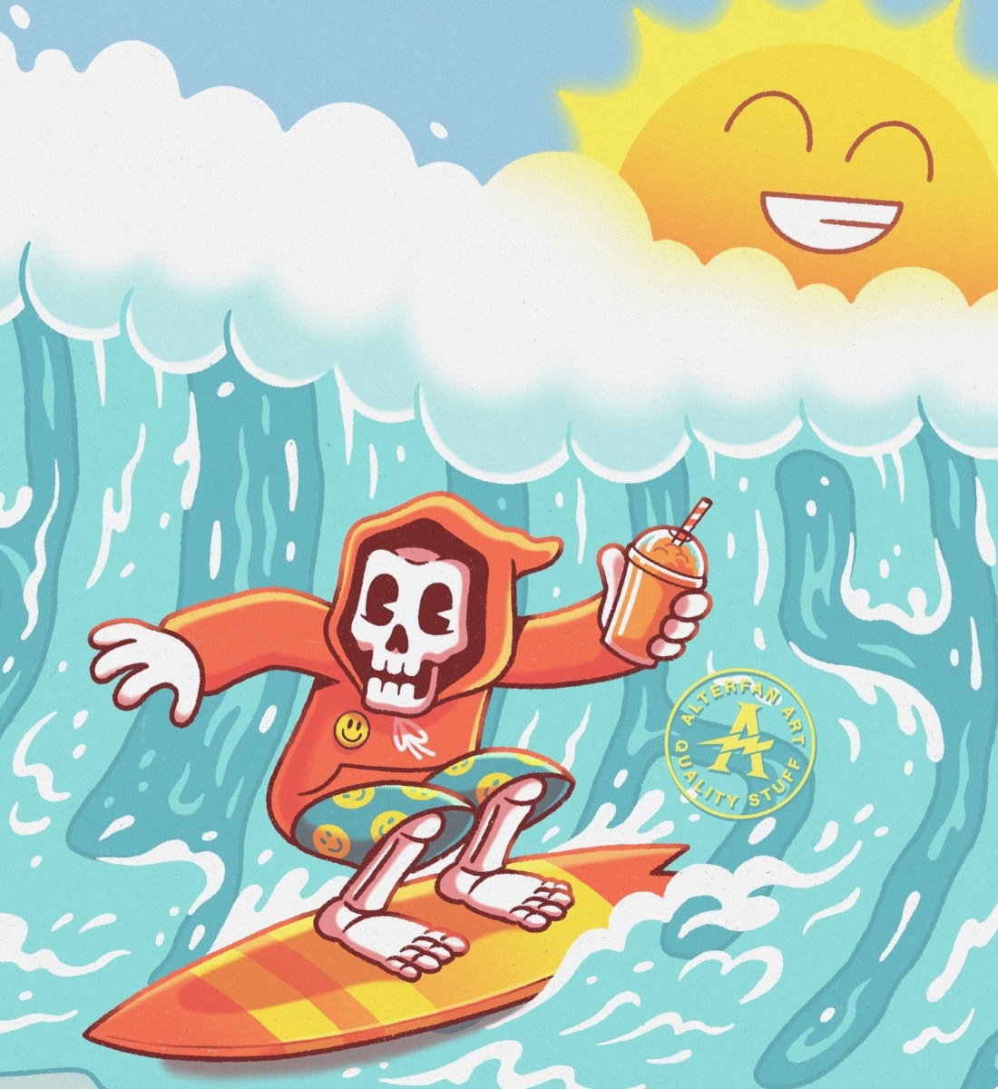 WAVES OF SLUSH alterfan alterfan art artist branding cartoon character cocktails coverart design illustration ocean sea skeleton skull slush surf surfer surfing vector waves