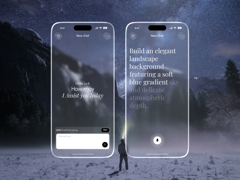 AI SaaS Mobile Chat App — Liquid Glass UI | Agentic Copilot Flow agentic ui ai assistant ai chat ai chat app ai interface ai mobile app ai ux design app design chatbot app conversational ai copilot dark mode liquid glass liquid glass ui minimal mobile app design mobile ui product design saas ui ux