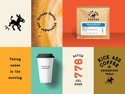 Kick Ass Coffee badges bag branding coffee cups donkey graphic design identity illustration logo packaging print texture typography