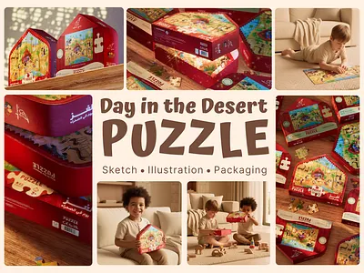 Packaging Design | Day in the Desert Puzzle | Branding and 3d 3d 3d visualization box box design branding character design childrens illustration childrens product dubai graphic design illustration logo packaging packaging design people puzzle souvenir packaging typography vector