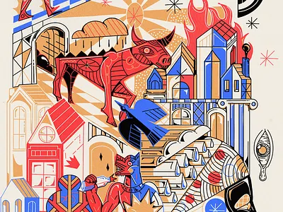 illustration red and blue art artwork cubisme dessin digital art editorial fun geometric gold graphic design handmade illustration poster print procreate psychedelic scarf street art tatoo yoaz