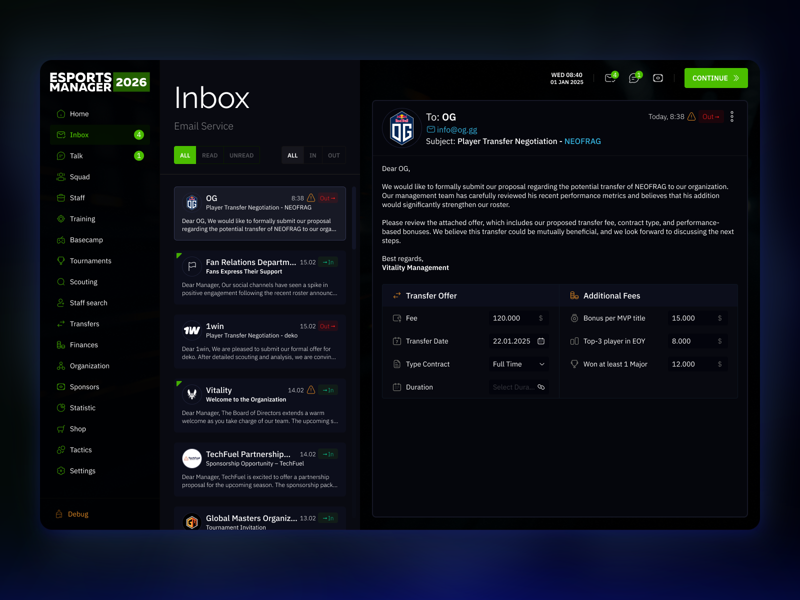 Esports Manager - Web Game Platform esports game mail messaging product design sport sport manager uxui uxui design