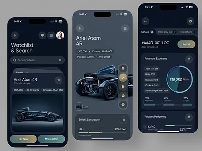 Car Marketplace App UI — Dark Mode Experience appdesign appui automotive cardesign darkui dashboard figma interface minimalui mobileui modernui productdesign uidesign uxdesign vehicle