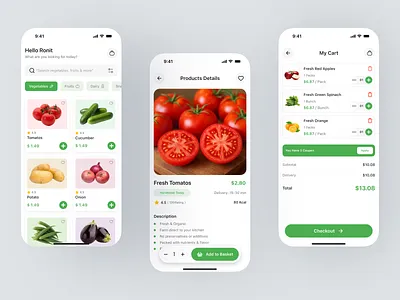 Grocery App UI app ui cart screen checkout flow clean ui ecommerce app figma food app fresh design grocery app ios app minimal ui mobile app design modern ui online grocery product design product details shopping app ui design ui inspiration ux design