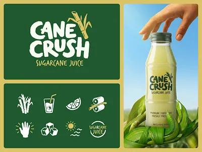 Cane Crush: Refreshment, Bottled. 🎋 artisanal beverage branding brand systems branding creative branding food and beverage graphic design hand drawn icons iconography identity design illustration juice packaging label design logo design minimalist logo organic brand packaging design sustainable design typography visual identity
