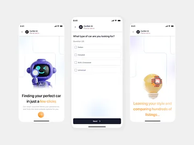 CarBot AI – Smart Car Finder App UI Kit 🚗 ai assistant ai chatbot ui app design artificial intelligence automotive car app car finder car marketplace car marketplace app ui chatbot clean ui figma ios app mobile app modern ui smart assistant ui user experience user interface ux