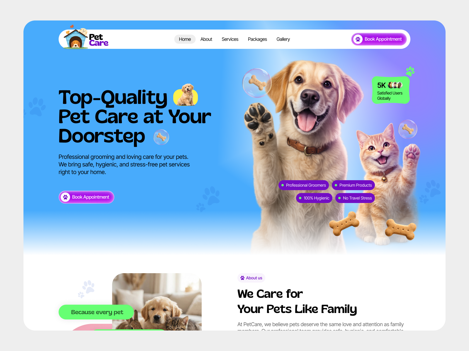 PetCare - Website animal care booking system gradient design landing page modern ui pet app pet grooming pet services pet website responsive design ui design ux design web design